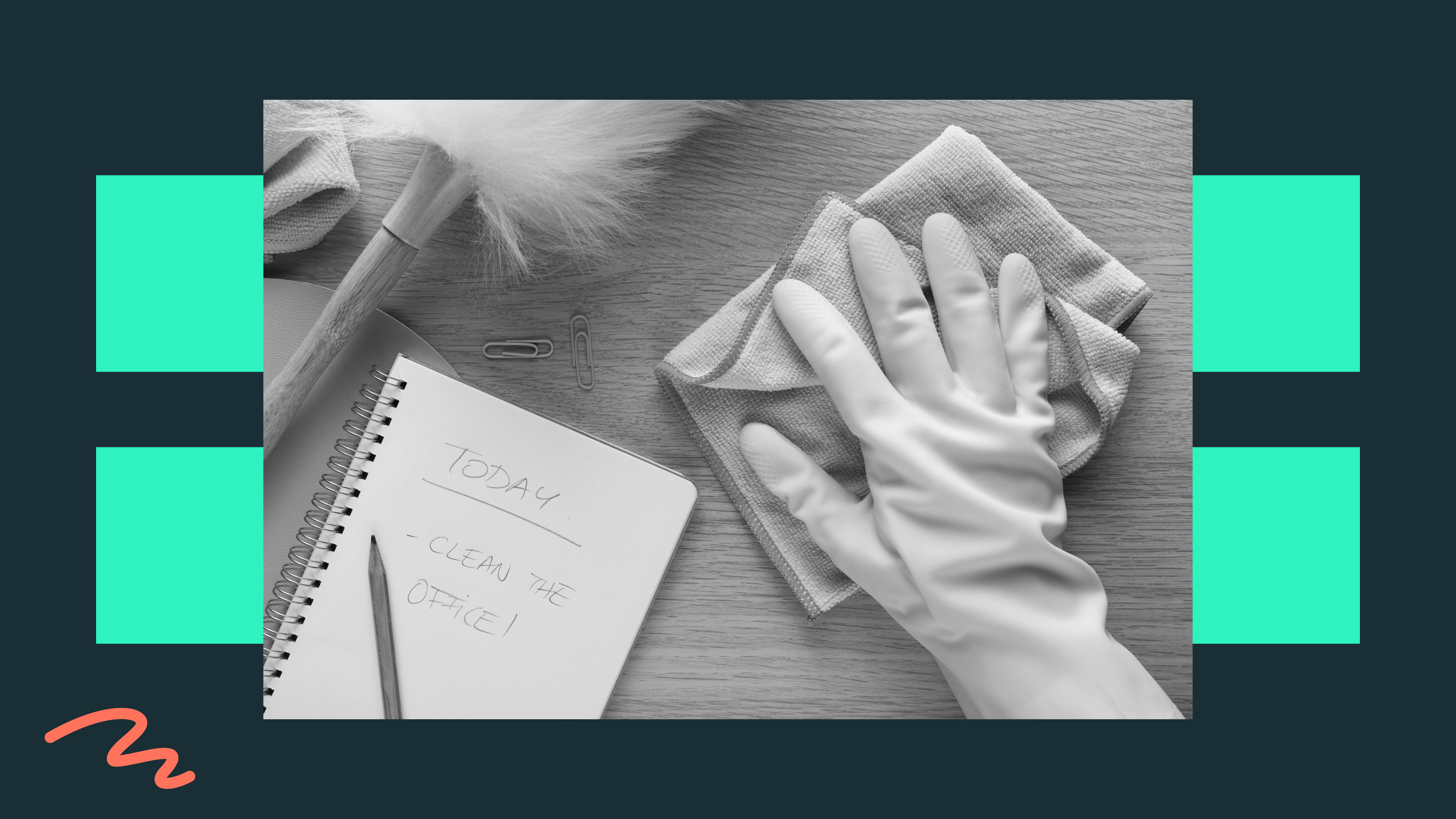 A cleaning checklist, with a feather duster, cleaning cloth and rubber gloves beside it